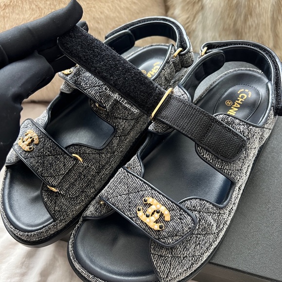 Auth BNIB Chanel 21A Rare Denim Deep Gray Dad Sandals -Size 38 - Picture 7 of 16